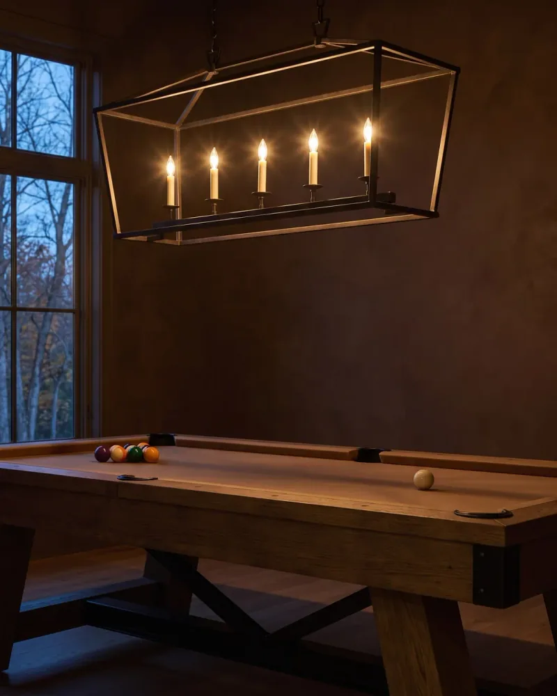 AI-assisted Billiard Factory room visualization with a chandelier over a pool table