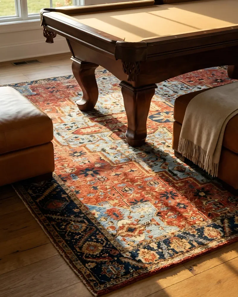 AI-assisted Billiard Factory room visualization with a patterned rug beneath a pool table