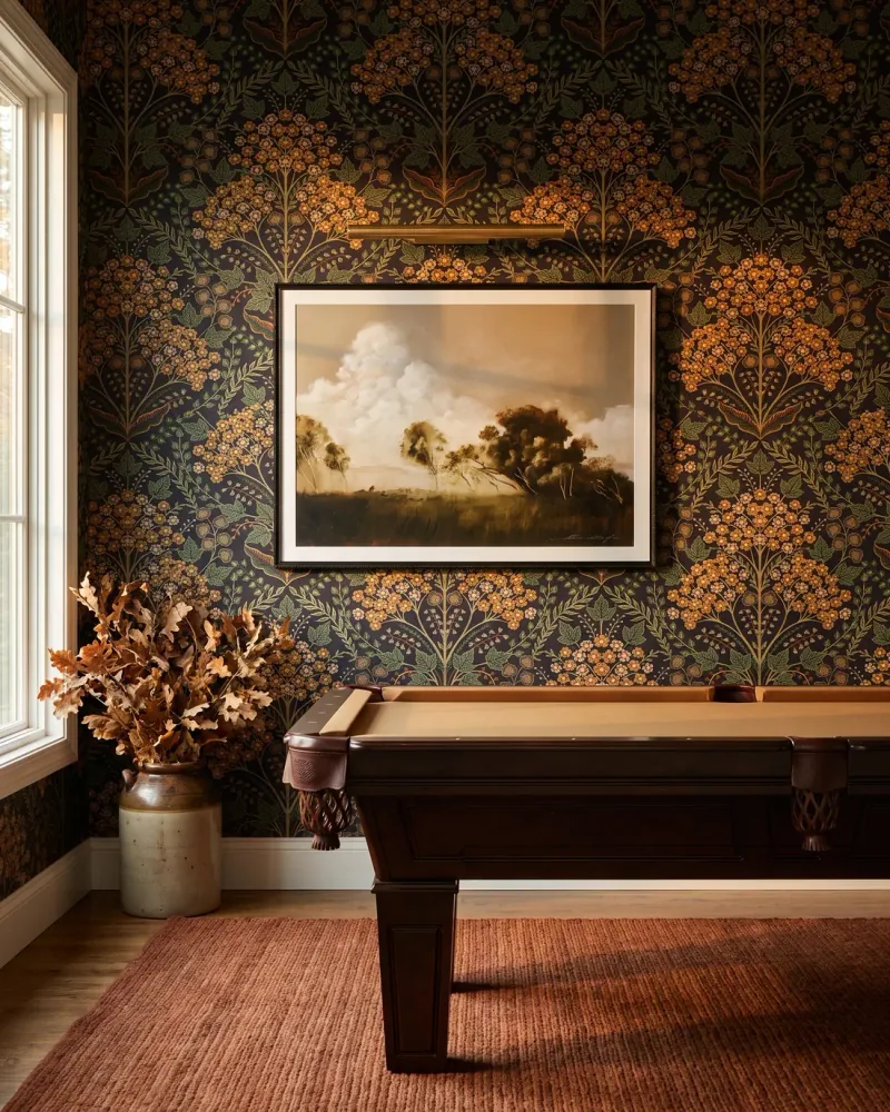 AI-assisted Billiard Factory room visualization with artwork and wallpaper behind a pool table