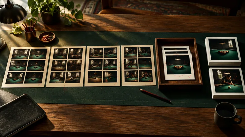Concept visualization of billiards photography contact sheets moving through a physical review and publishing workflow