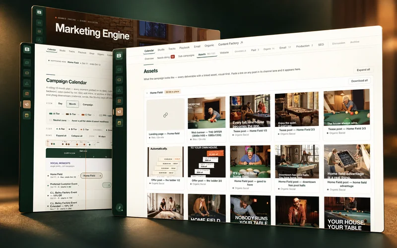 Engine Room: a composed view of the campaign calendar and creative asset library