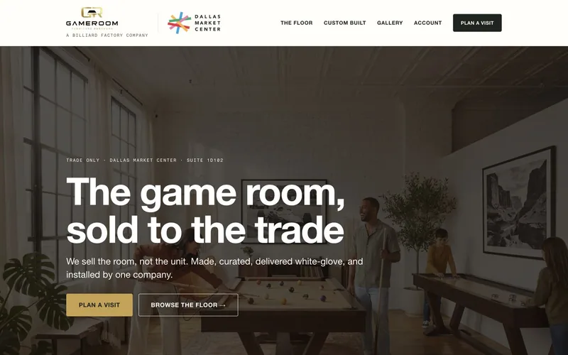 Game Room Furniture Partners’ live website, identifying it as a Billiard Factory company and a trade-only showroom at Dallas Market Center