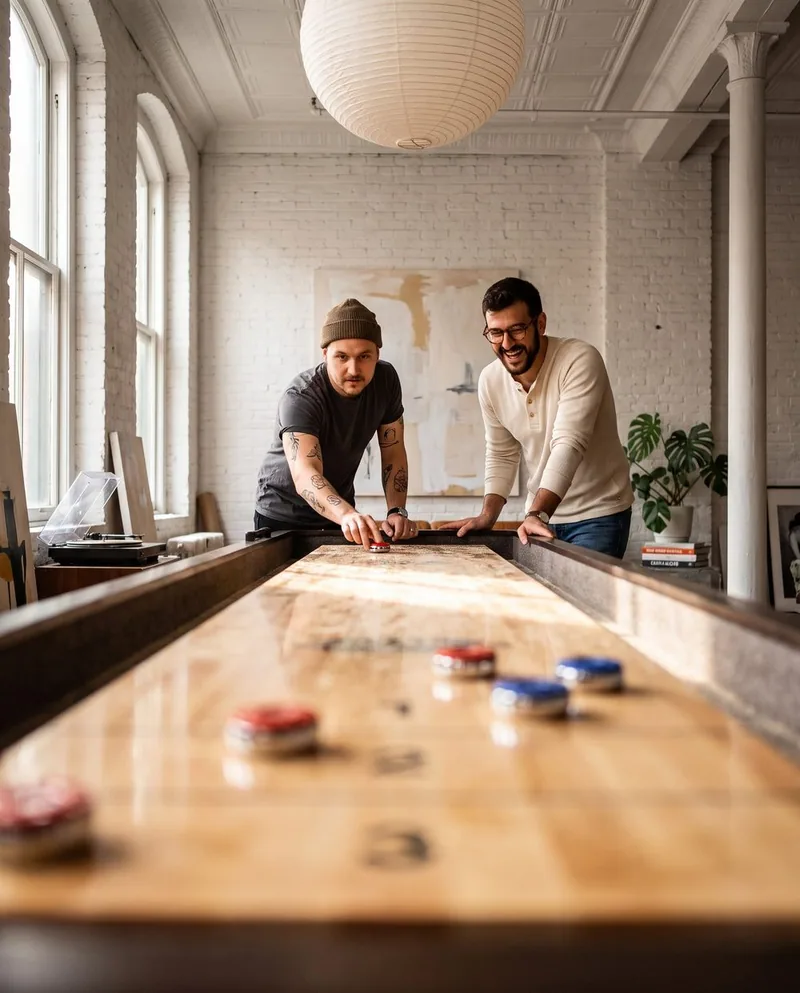 Two friends playing shuffleboard in a loft