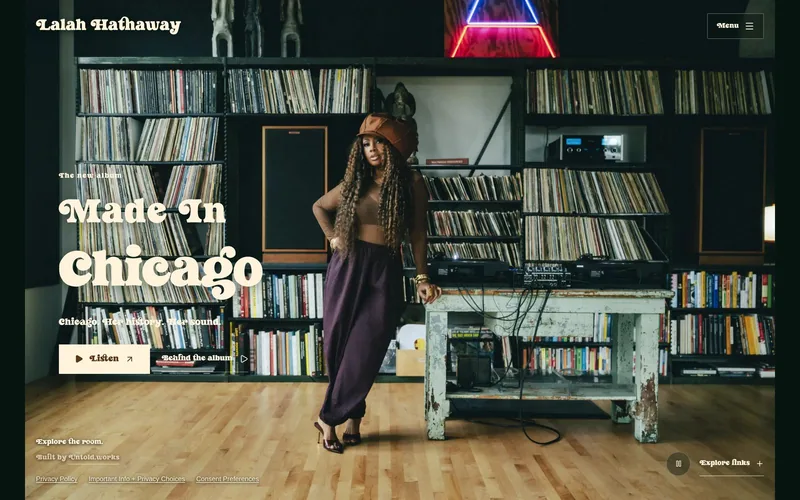 The Made in Chicago artist website for Lalah Hathaway, set in a music room lined with records