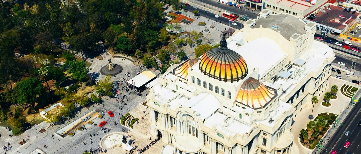 Aerial view of Palacio de Bellas Artes with its iconic gold dome in Mexico City
