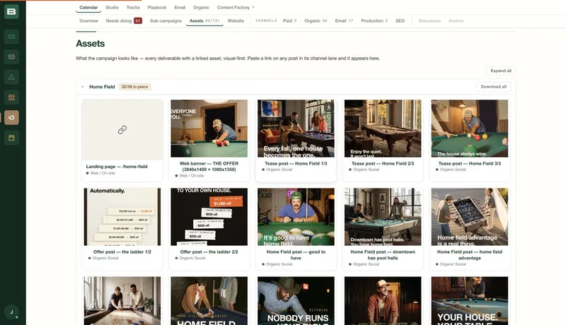 Home Field asset gallery inside the Marketing Engine, connecting landing pages, web banners, social posts and stories