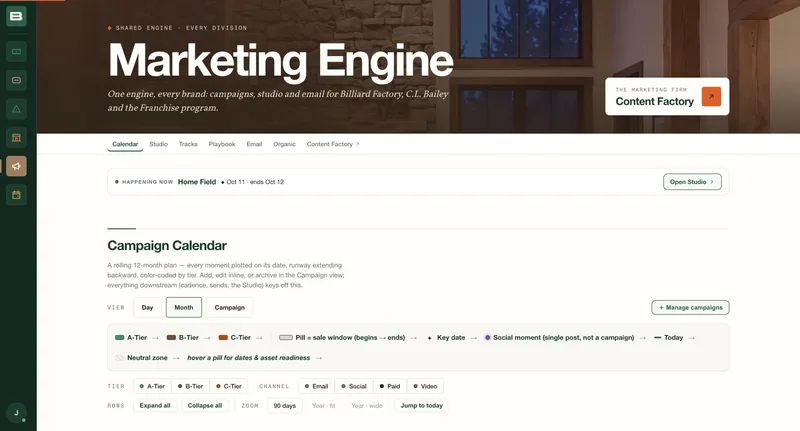 The Marketing Engine overview in Billiard Factory’s working platform