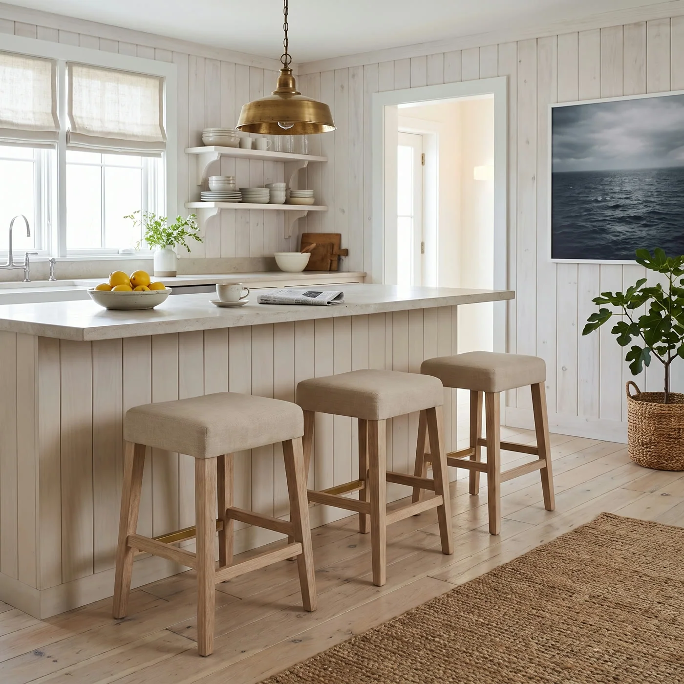 Three pale upholstered Aberdeen stools beside a kitchen island, with white timber walls, brass lighting and soft daylight