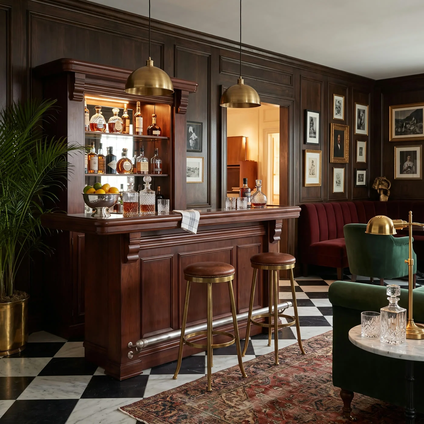 A wood Astra home bar in a richly layered room with dark paneling, brass pendants, green seating and a checkerboard floor