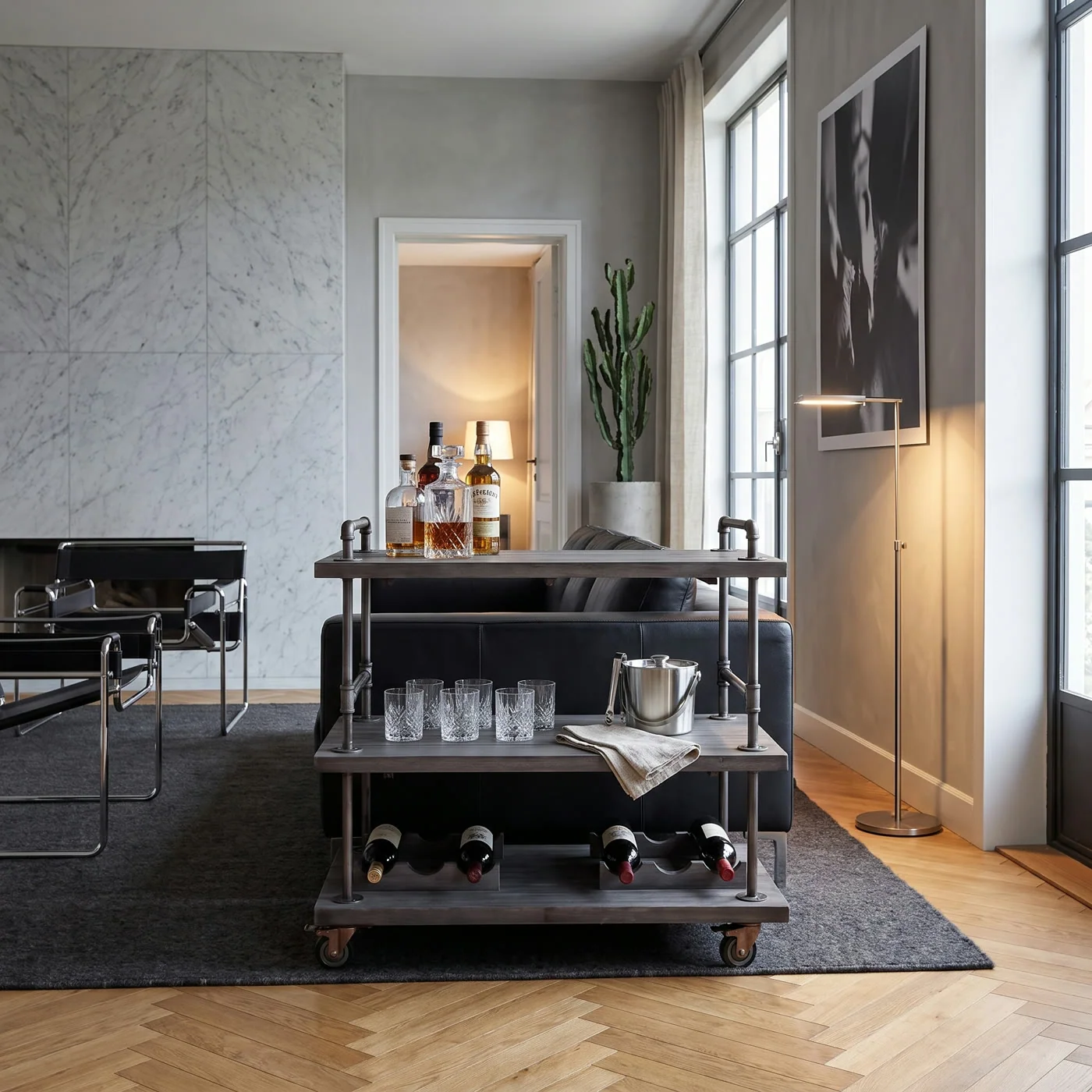AI-created lifestyle study of the Industrial Bar Cart with bottles and glasses beside a black leather sofa in a marble and plaster living room