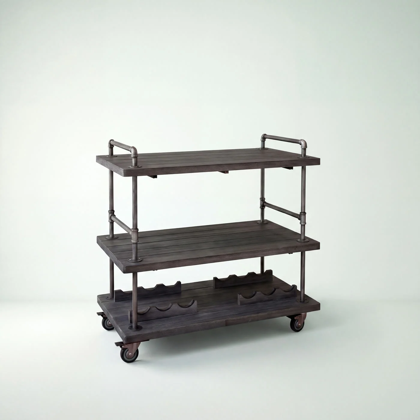 Industrial Bar Cart product reference with three wood shelves, metal pipe uprights, bottle cradles and casters on a plain background