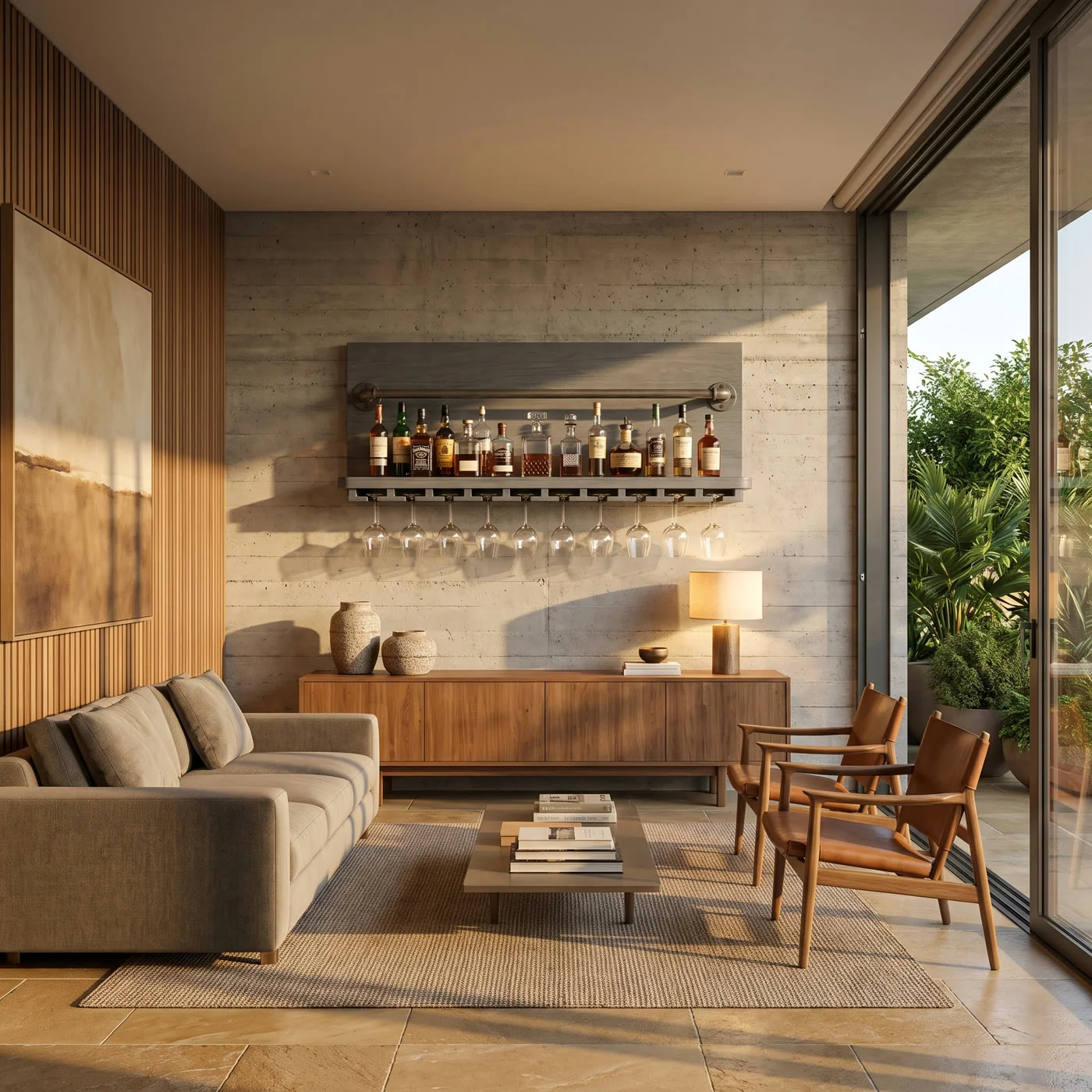 An industrial wall shelf in a warm living room with concrete, timber, lounge seating and a green terrace beyond