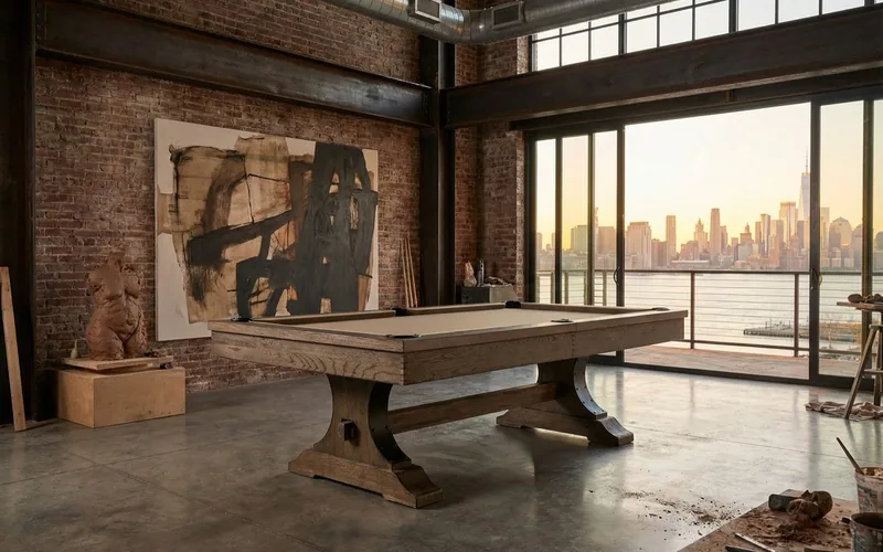 A pool table in a loft, the Regal Billiards site hero