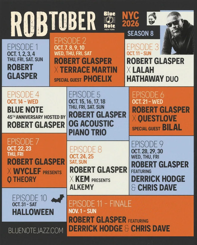 Robtober NYC 2026 Season 8 event poster announcing October 1 through November 1 and 11 episodes at Blue Note New York