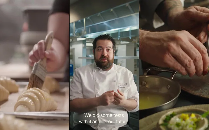 Three frames from the Savor chef series: croissants, Clement Goyffon at ONE65, a plated dish