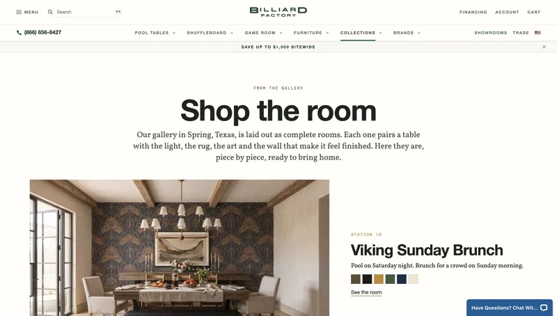 Screenshot of the live Billiard Factory Collections page with the Shop the Room heading and Station 1D room story