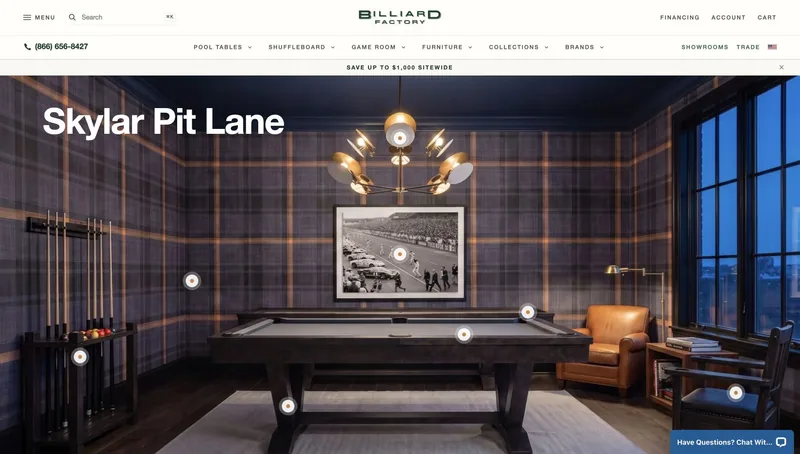 The live Skylar Pit Lane collection page showing a rendered room and shoppable product hotspots