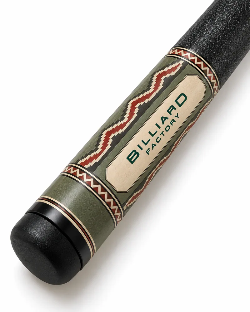 Cascabel cue butt concept render with sage, stepped diamond details and a turquoise accent