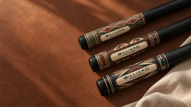Concept renders of the Cascabel, Brasa and Cauce cue butts against terracotta