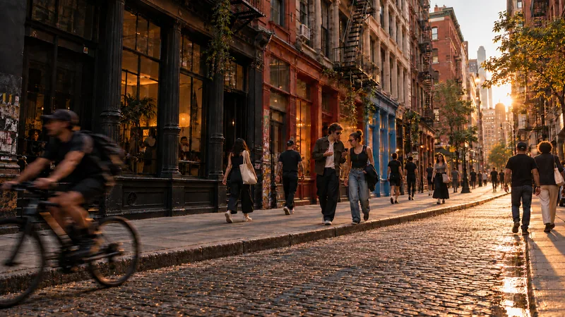 Imagined downtown New York scene of a man showing a woman his phone as they walk together on the sidewalk, with pedestrians receding into the distance
