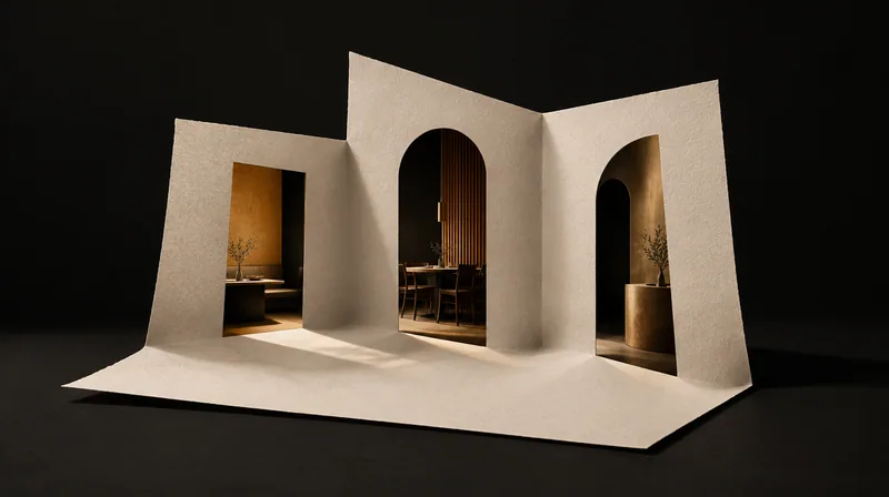 Concept visualization of a paper proposal folded into three browsable architectural doorways