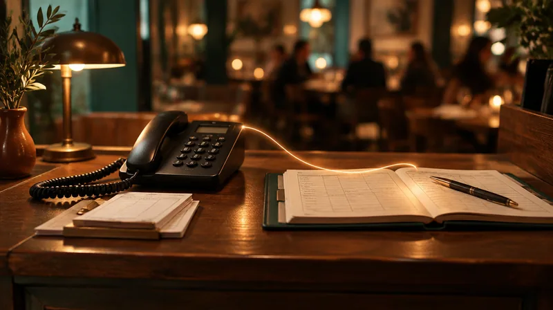 Concept visualization of a restaurant host stand with a telephone connected to a reservation book by a line of light